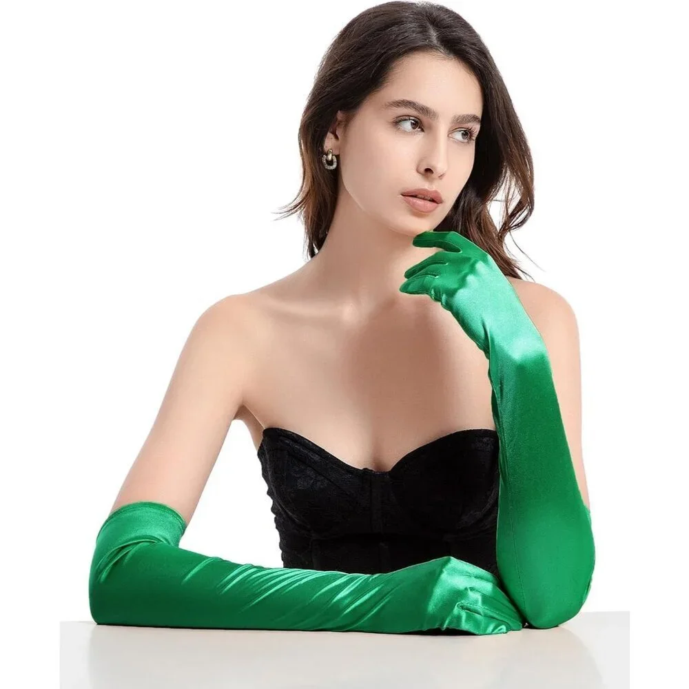 Women's Evening Green Long Satin Gloves Elbow Length Formal Party Prom Wear